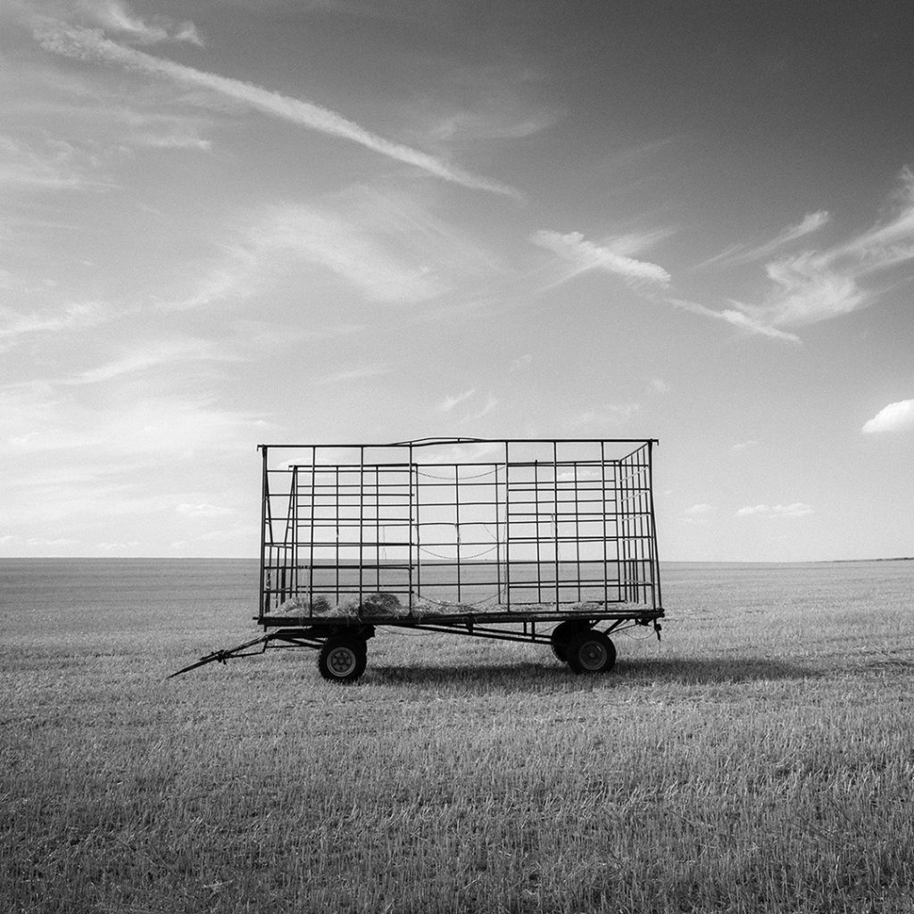 Ein mir Heuresten befüllter Heuwagen steht einsam und wie vergessen auf einem großen, menschenleeren und abgeernteten Acker. Am Himmel leichte Schleierwolken, der Blick geht bis zum Horizont.